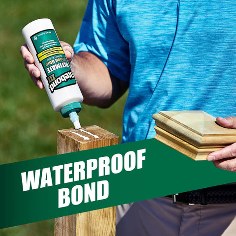 Hella Waterproof Wood Glue For Heavy Duty Interior And Exterior Carpentry Projects Delivering Fast One Hour Hold Time And No Mess Water Cleanup For Real Deal Builders applied on wooden block.