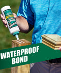 Person using Titebond III Wood Glue 4 Oz Tan For Projects And Repairs on outdoor wood, demonstrating waterproof bond feature.