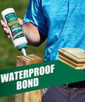 Premium Heavy Duty Wood Glue Delivering Legit Waterproof Performance And A Rock Solid Bond For Exterior Interior Woodworking Furniture Restoration And Reliable Home Repair Jobs being applied to a wooden post.
