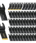 50 Piece Oscillating Blades Kit For Wood And Metal, Dual Material Set With 45 HCS Blades For Clean Wood Cuts And 5 Titanium Coated Blades For Wood Or Metal Tough Jobs, 35mm Blades, Durable Multi Tool Upgrade, shown with blade detail