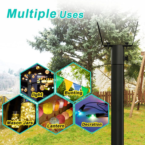 Two Pack 11 Foot Rust Proof Steel String Light Poles With Heavy Duty Stands And Five Prong Stabilizers in garden setting