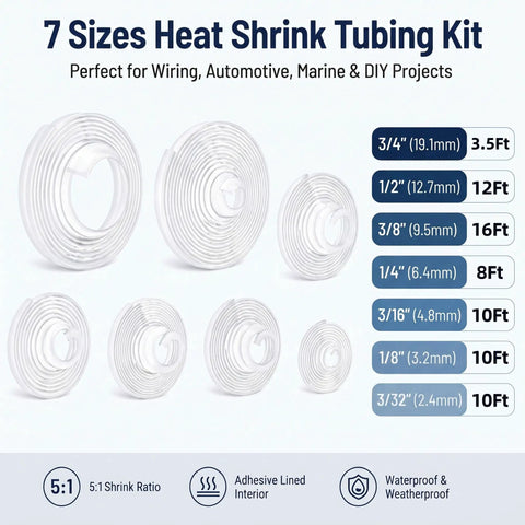 Top Shelf Heat Shrink Tubing Roll Kit With Hefty Adhesive Lining, 5:1 Shrink Ratio For Knockout Wire Sealing and Marine Grade Waterproof Bonding, different sizes displayed.