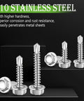 Pro Grade Hex Washer Head Self Drilling Screws And Tapping Fasteners From Tough 410 Stainless Steel showing various sizes and types.