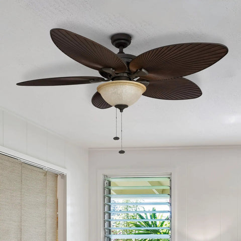 Palm Island 52 Inch Ceiling Fan With Light For Indoor Outdoor Spaces, Dual Mount Tropical LED 5 Palm Leaf Blades, Bronze Finish, Damp Rated