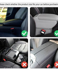 Must Have Upgraded Car Center Console Cover With Microfiber Leather Armrest Cushion And Dual Storage Pockets Universal Fit Car Armrest Storage Box For All Cars Black, showing console compatibility examples with green and red checkmarks.
