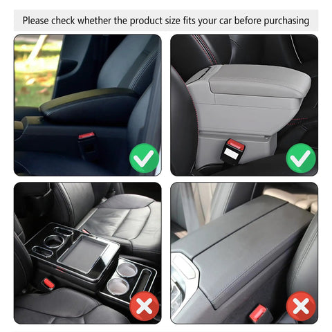 Must Have Upgraded Car Center Console Cover With Microfiber Leather Armrest Cushion And Dual Storage Pockets Universal Fit Car Armrest Storage Box For All Cars Black, showing console compatibility examples with green and red checkmarks.