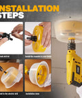 Front view of KATA 6-inch recessed-light hole saw with yellow dust bowl mounted on cordless drill