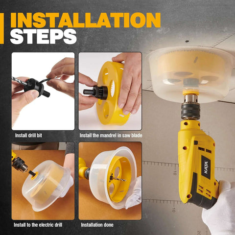 Front view of KATA 6-inch recessed-light hole saw with yellow dust bowl mounted on cordless drill