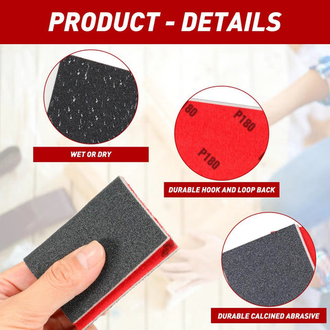 Sanding sponge set, 24 pieces with red backing and black abrasive surface, 80–3000 grit for wet and dry sanding