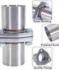 Heavy Duty Plugs Right In 3 Bolt Exhaust Flange Repair Kit With Gaskets Bolts And Mounting Hardware Universal 1.75 Inch Stainless Steel Vehicle Pipe Connector Quick Fix close-up of polished stainless steel joint with bolts