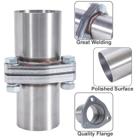 Heavy Duty Plugs Right In 3 Bolt Exhaust Flange Repair Kit With Gaskets Bolts And Mounting Hardware Universal 1.75 Inch Stainless Steel Vehicle Pipe Connector Quick Fix close-up of polished stainless steel joint with bolts