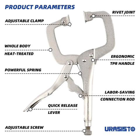 Diagram of 11 Inch C Clamp Locking Pliers with labeled parts: adjustable clamp, quick release lever, ergonomic handle, alloy steel.
