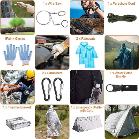 Collection of tools from 125 In 1 All In One Survival Kit For Men Outdoor Gear With First Aid Supplies Emergency SOS Tactical Tools For Hiking Camping Hunting Disaster Readiness Prepper Ready, including wire saw, gloves, raincoats, thermal blanket, and parachute cord.