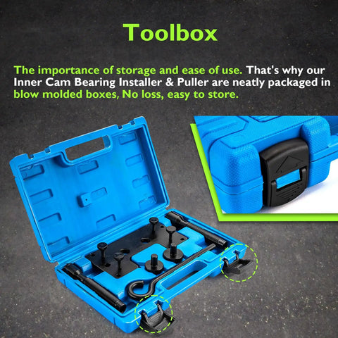 Blue toolbox with Inner Cam Bearing Installer And Puller Tool for Harley Twin Cam 88 96 103 110s, Pro Grade Heavy Duty 45# Steel
