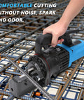 Heavy Duty 7/8 Inch Electric Hydraulic Rebar Cutter With Lightning Fast 3.5 To 4.5 Second Cutting Speed For Smooth Steel Bar Trimming And Precision Construction Work Right In The Field cutting rebar on a construction site.