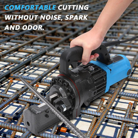 Heavy Duty 7/8 Inch Electric Hydraulic Rebar Cutter With Lightning Fast 3.5 To 4.5 Second Cutting Speed For Smooth Steel Bar Trimming And Precision Construction Work Right In The Field cutting rebar on a construction site.