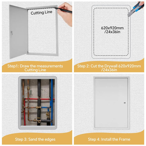 Premium Galvanized Steel Access Panel 24 By 36 Inches With Secure Lock And Key showing installation steps and drywall measurements.
