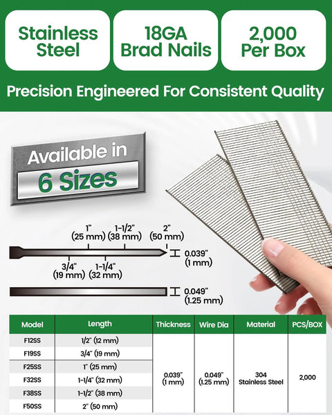 Heavy Hitter 18 Gauge 2 Inch 304 Stainless Steel Brad Nails For Pneumatic And Electric Nail Guns Rust Proof Finishing Nails Built Tough To Power Through Any Shop Project 2000 Count Box displayed with size and model details.