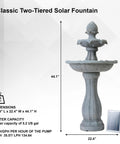 Tall White 44 Inch Fiberglass Resin Solar Water Fountain With Panel And Auto Shut Off Pump for Home Garden Yard Decor