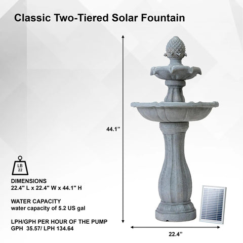 Tall White 44 Inch Fiberglass Resin Solar Water Fountain With Panel And Auto Shut Off Pump for Home Garden Yard Decor