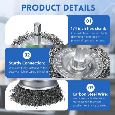 Coarse Carbon Steel Drill Wire Brush Set With Ten Piece Bundle including 1/4 inch hex shank and steel wire details for tough cleaning