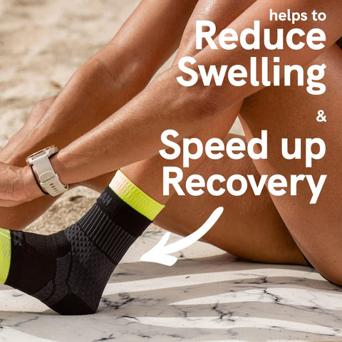 Person wearing Ankle Support Compression Sleeve For Running, Soccer And Volleyball - Medium, Black Pair on marble surface