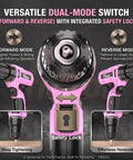 Built Tough 20V Cordless Drill Set With Fast Charging Battery And Sleek Pink Finish featuring a dual-mode switch for efficient operation.