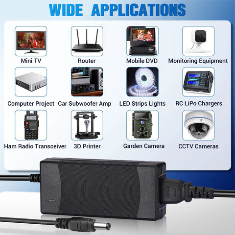 Image showing the 12V 5A 60W AC to DC Power Brick with 9.84ft cable and its various applications like LED strips and CCTV cameras.