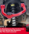 Ford F-150 2004-2020 Front Lift 2-4 Inch Control Arm Replacement Heavy Duty Iron Steel Swing Arm With Adjustable Ball Joint For 2-4 Inch Lift Kits Aftermarket Upper Arm Red installed above coil spring