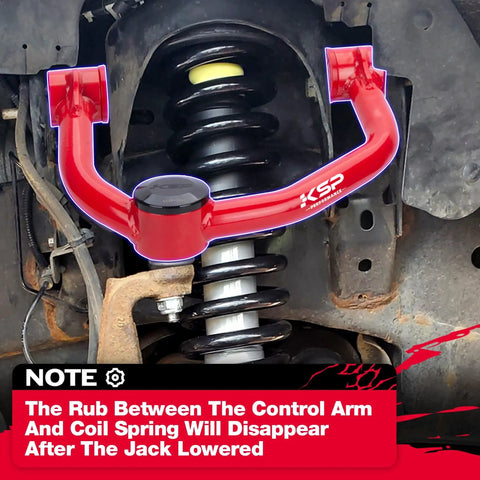 Ford F-150 2004-2020 Front Lift 2-4 Inch Control Arm Replacement Heavy Duty Iron Steel Swing Arm With Adjustable Ball Joint For 2-4 Inch Lift Kits Aftermarket Upper Arm Red installed above coil spring