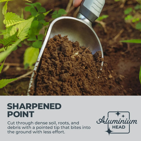 Beefy Aluminum Garden Trowel with full tang, extra wide scoop, sharpened point digging through clay soil, ergonomic cushioned grip shown.
