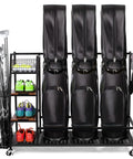 Triple Golf Bag Storage Rack With Wooden Shelf And Lockable Wheels Indoor Garage Organizer For 3 Golf Bags And Gear Includes Shelves And Hooks For Shoes Hats And Accessories
