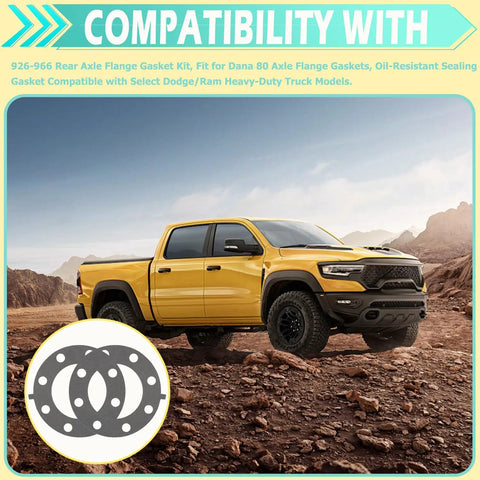 Dodge Ram Dana 80 Rear Axle Flange Gasket Kit Two-Piece 926-966 Gaskets with yellow truck in rocky landscape