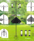 Diagram of Six Hook Outdoor Bird Feeding Station Kit with 94 Inch Heavy Duty Pole, showing feeders, baffle, and hooks.