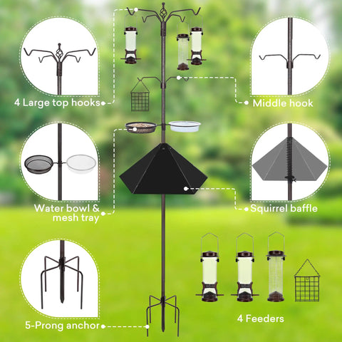 Diagram of Six Hook Outdoor Bird Feeding Station Kit with 94 Inch Heavy Duty Pole, showing feeders, baffle, and hooks.