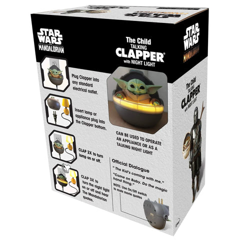 Packaging of Star Wars Mandalorian Baby Yoda Talking Night Light With Clap Activated Wireless On Off Switch For Easy Home Lighting Sound Activated Clap Detection No Fuss Nighttime Convenience