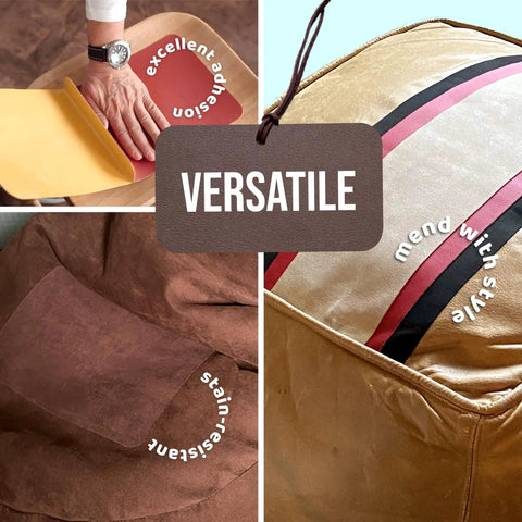 XL Tan Suede Self Adhesive Upholstery Patch Instant Fix For Couches Car Seats Bags And More Great For Leather Velvet And Fabric Scrapes Easy DIY Patch Repair For Home And Auto showing versatility on different materials
