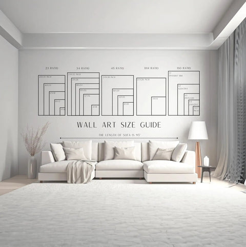 Wall art size guide next to white sofa, showcasing chart with different frame ratios for Totally Dope Customizable Wall Art Posters.