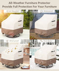 Heavy Duty Waterproof Patio Chair Covers 2 Pack For 33W X 35D X 36H Swivel Outdoor Chairs No Fuss All Weather Beige Protective Covers Durable Outdoor Furniture Shield From Rain Sun Dirt Fits Most Styles displayed in different weather conditions, including rain, sun, wind, and snow, on a patio.