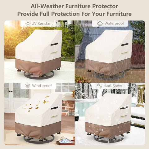 Heavy Duty Waterproof Patio Chair Covers 2 Pack For 33W X 35D X 36H Swivel Outdoor Chairs No Fuss All Weather Beige Protective Covers Durable Outdoor Furniture Shield From Rain Sun Dirt Fits Most Styles displayed in different weather conditions, including rain, sun, wind, and snow, on a patio.