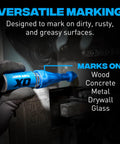Long Reach Heavy Duty Chalk Powder Shot Marker With Vivid Green Dust For Laying Down Crisp Drill Points On Concrete Masonry And Metal Without Sweating On The Daily Job Site Grind marked on dirty surfaces.