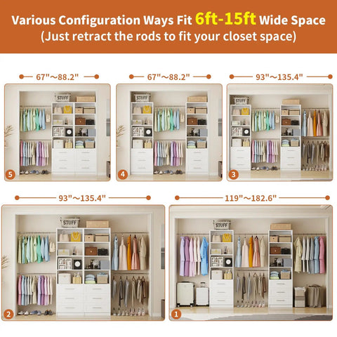 Configurations of the Two Set Closet System With 6 Drawers, 8 Expandable Hanging Rods And Adjustable Shelves in white finish