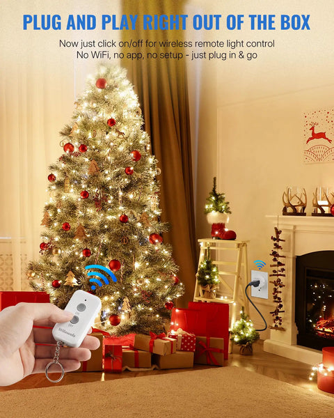 Plug In Remote Outlet Switch Wireless Control For Lamps And Lights No Wiring Needed Remote On Off Plug Programmable 100 Ft RF Range 15 Amp 1875 Watt Battery Included FCC Listed controlling Christmas tree lights in living room