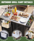 Outdoor Grill Cart With Stainless Steel Top, Rolling Utility Station, featuring prep food, side shelf, and trash bin on patio