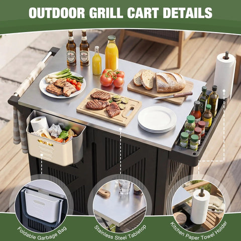 Outdoor Grill Cart With Stainless Steel Top, Rolling Utility Station, featuring prep food, side shelf, and trash bin on patio