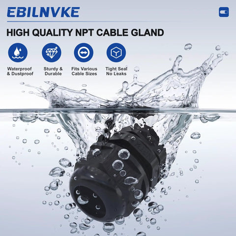Six Pack Three Quarter Inch NPT Cable Glands IP68 Waterproof Nylon PA66 With Sealing Gaskets For Indoor And Outdoor Enclosures High Quality Industrial Grade Build UL Listed black NPT cable gland in water