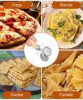 Center close-up of Sibba fluted pastry double wheel cutter with wooden handle; pizza, ravioli, cookies and farfalle shown.