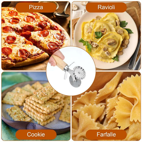 Center close-up of Sibba fluted pastry double wheel cutter with wooden handle; pizza, ravioli, cookies and farfalle shown.