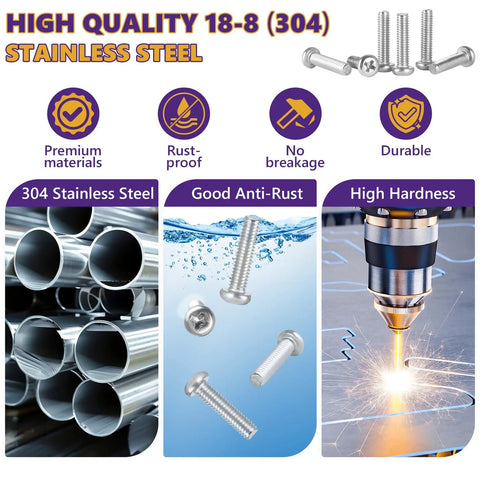 Image showcasing Heavy Duty M4 Machine Screws Assortment Kit 135 Piece 304 Stainless Steel Pan Head Fasteners Rust Proof features.