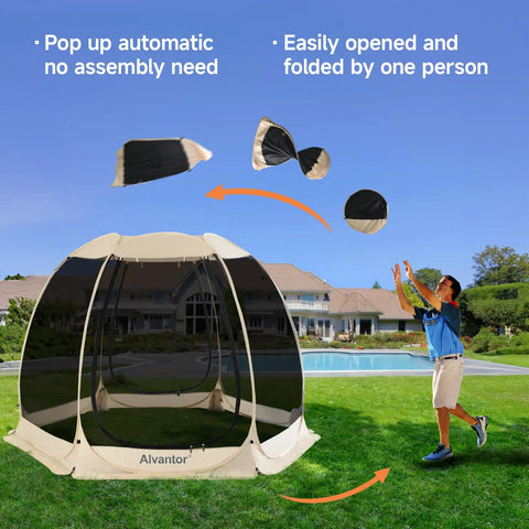 Lightweight Pop Up Screen Room Tent For 4 To 6 Adults, Hexagon Outdoor Canopy With Mesh Walls shown popping up easily